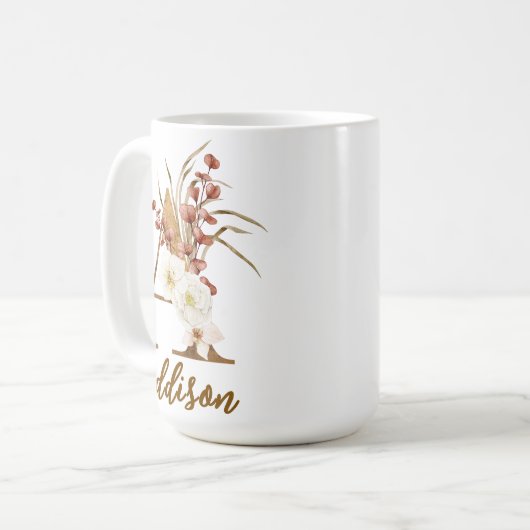 Boho Floral Letter A Monogram Gastgeschenk Hochzei Kaffeetasse (Vorderseite Links)
