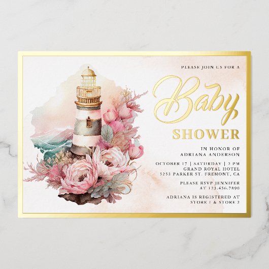 Boho Floral Lighthouse Nautical Baby Dusche Gold Folieneinladung (Vorderseite)