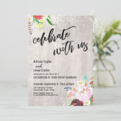 Boho Floral Lights Rustic Wood feiert mit uns Einladung (Stehend Vorderseite)