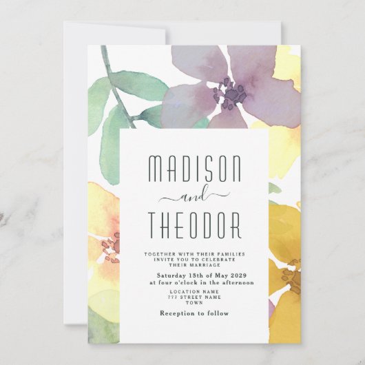 Boho Floral Lila Yellow Wedding Einladung (Vorderseite)