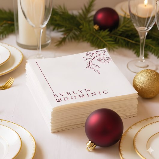 Boho Floral Line Art Burgundy Wedding Party Serviette