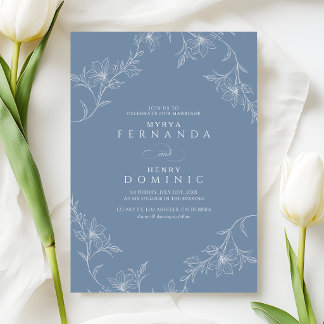 Boho Floral Line Art Dusty Blue Wedding Einladung