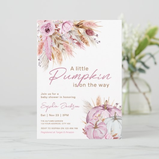 Boho Floral Little Pink Pumpkins Baby Dusche Einladung (Stehend Vorderseite)