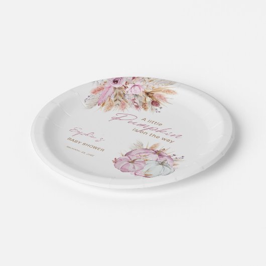 Boho Floral Little Pink Pumpkins Baby Dusche Pappteller (Schrägansicht)