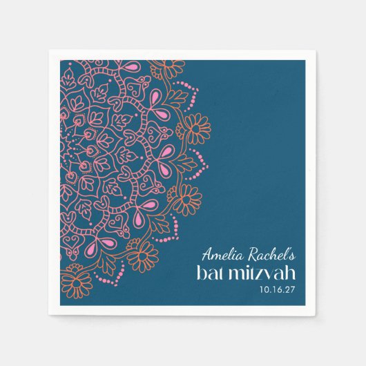 Boho Floral Mandala Aquamarin Blue Bat Mitzvah Cus Serviette (Vorderseite)