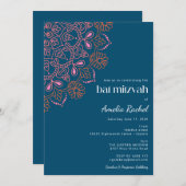 Boho Floral Mandala Aquamarin Blue Bat Mitzvah Einladung (Vorne/Hinten)
