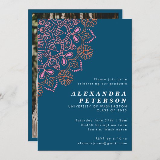 Boho Floral Mandala Aquamarin Blue Graduation Part Einladung (Vorne/Hinten)