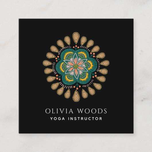 Boho Floral Mandala Yoga Instructor Quadratische Visitenkarte (Vorderseite)