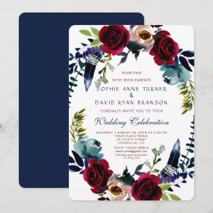 Boho Floral Marsala Navy Blue Wedite Einladung