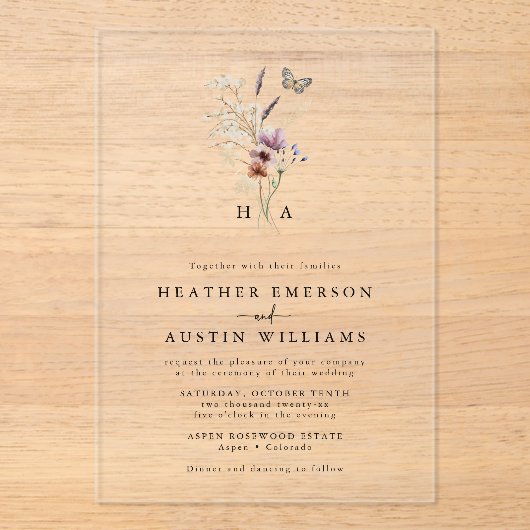 Boho Floral Mit Monogramm Wedding Acryleinladungen (Vorderseite)