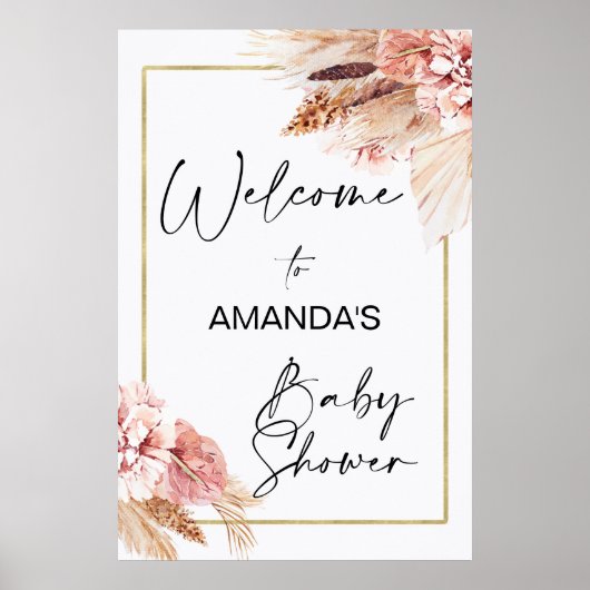 Boho Floral mit Pampas Grass Begrüßungs-Baby-Dusch Poster (Vorne)