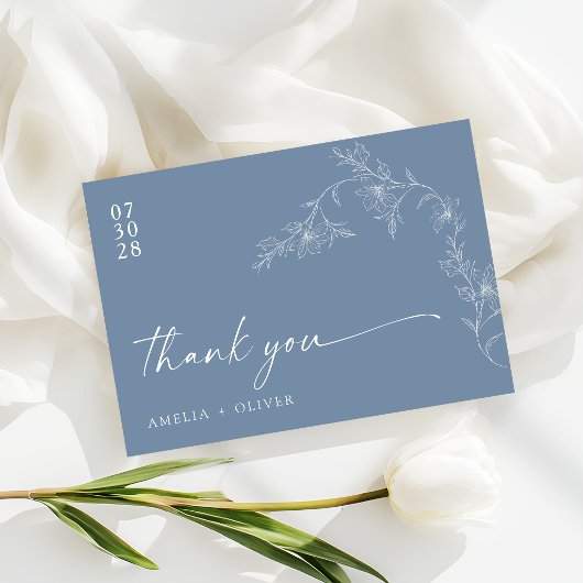 Boho Floral Modern Dusty Blue Wedding Dankeskarte