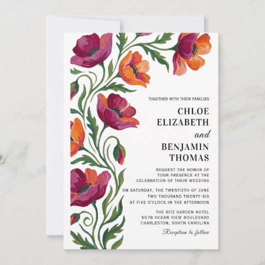 Boho Floral Mohn Handbemalte Hochzeit Einladung (Vorderseite)