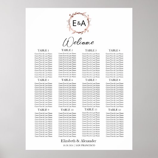 Boho Floral Monogram Seating Chart Sign Poster (Vorne)