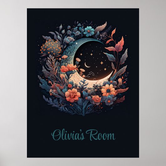 Boho Floral Moon mit Individuelle Name Poster (Vorne)