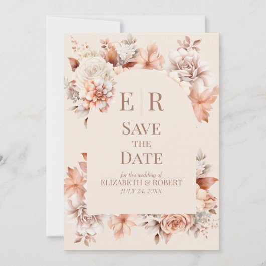 Boho Floral Mousse Monogram Wedding Save the Date Einladung (Vorderseite)