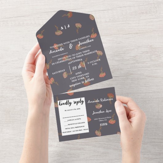 Boho Floral Muster Design Monogram Wedding All In One Einladung (Abreißen)