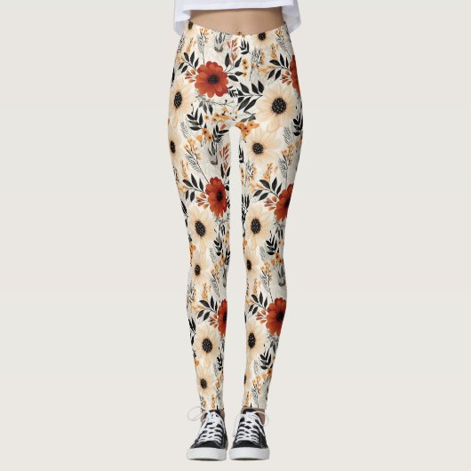 Boho Floral Niedlich Black Orange Blue Creme Leggings (Vorderseite)
