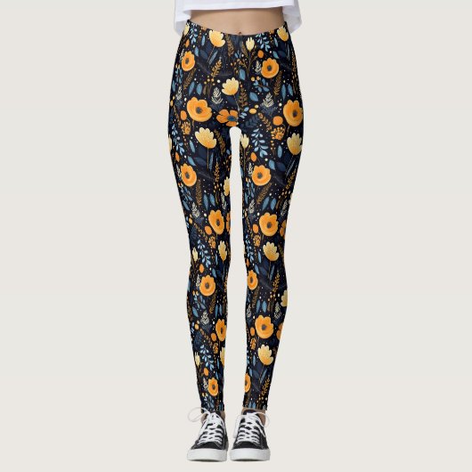 Boho Floral Niedlich Black Orange Blue Leggings (Vorderseite)