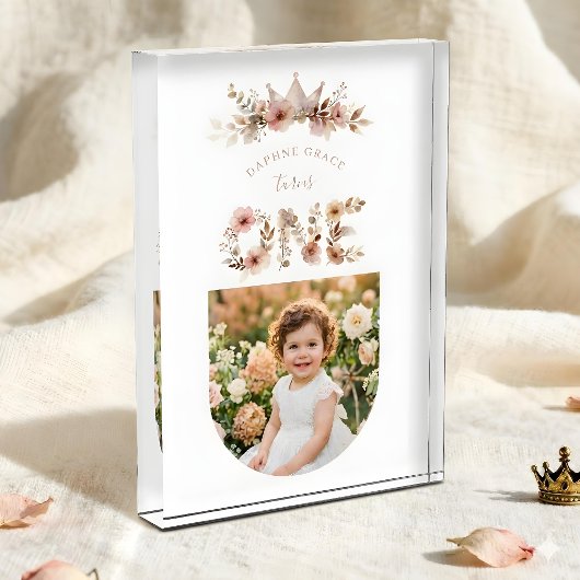Boho Floral One Word Pink First Birthday  Fotoblock