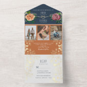 Boho Floral Orange und Navy Blue Wedding All In One Einladung (Innen Boden)