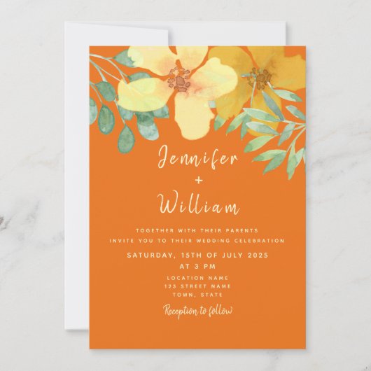 Boho Floral Orange Wedding Einladung (Vorderseite)