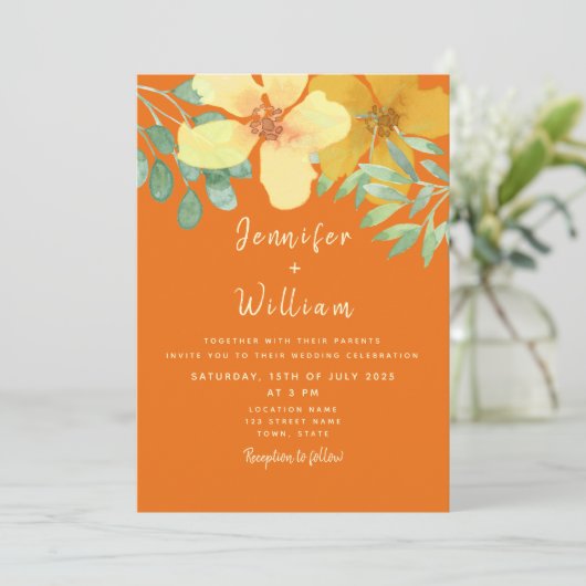 Boho Floral Orange Wedding Einladung (Stehend Vorderseite)
