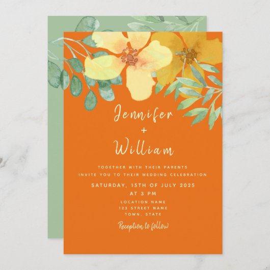 Boho Floral Orange Wedding Einladung (Vorne/Hinten)
