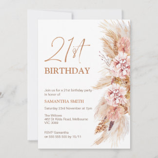 Boho Floral Pampas Grass 21. Geburtstag Einladung