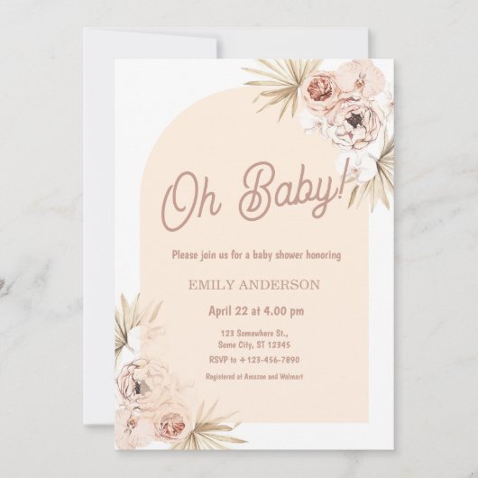 Boho Floral Pampas Grass Baby Shower Einladung (Vorderseite)