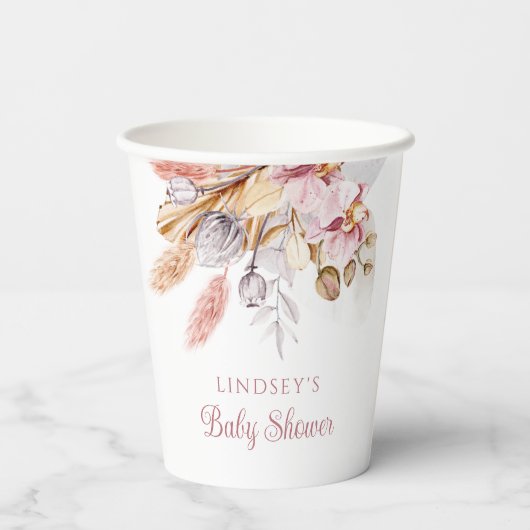 Boho Floral Pampas Grass Dusty Pink Pappbecher (Rückseite)