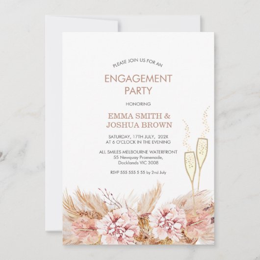 Boho Floral Pampas Grass Glasses Verlobung Einladung (Vorderseite)