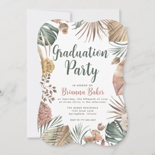 Boho Floral Pampas Grass Graduation Party Einladung (Vorderseite)