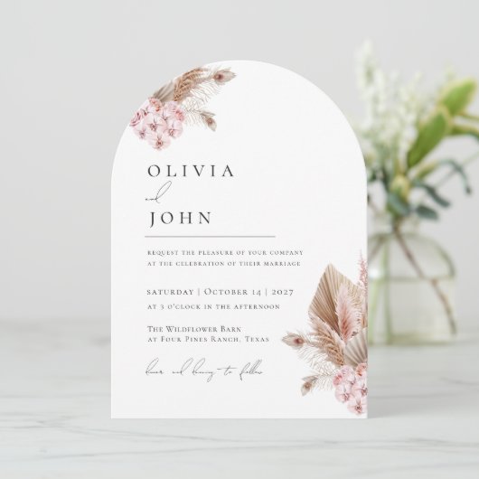 Boho Floral Pampas Grass Hochzeit Einladungen (Stehend Vorderseite)