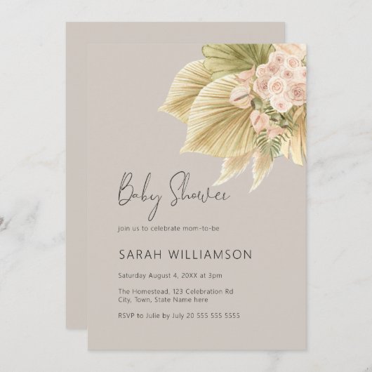 Boho Floral Pampas Grass Palm Natural Baby Dusche Einladung (Vorne/Hinten)