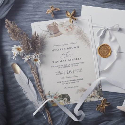  Boho Floral Pampas Grass Rustic QR Code Wedding Einladung