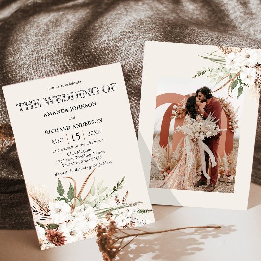 Boho Floral Pampas Grass Terracotta Foto Wedding Einladung