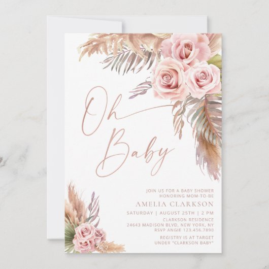 Boho Floral Pampas Rose Gold Baby Dusche Einladung (Vorderseite)