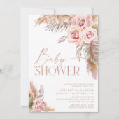Boho Floral Pampas Rose Gold Baby Dusche Einladung (Vorderseite)