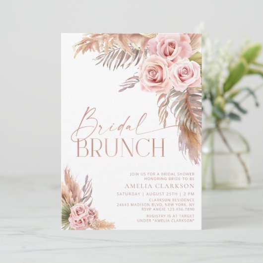 Boho Floral Pampas Rose Gold Bridal Brunch Einladu Einladung (Stehend Vorderseite)