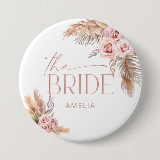 Boho Floral Pampas Rose Gold Bride Button (Vorderseite)