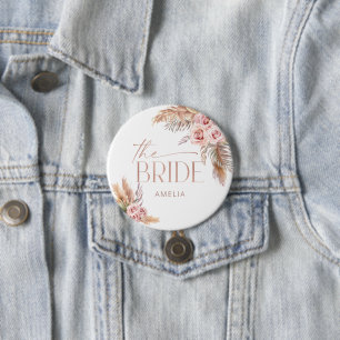 Boho Floral Pampas Rose Gold Bride Button