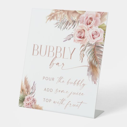 Boho Floral Pampas Rose Gold Bubbly Bar Sockelschild (Vorderseite)