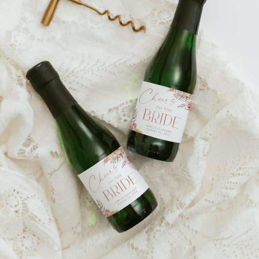 Boho Floral Pampas Rose Gold Cheers Mini Schaumweinetikett