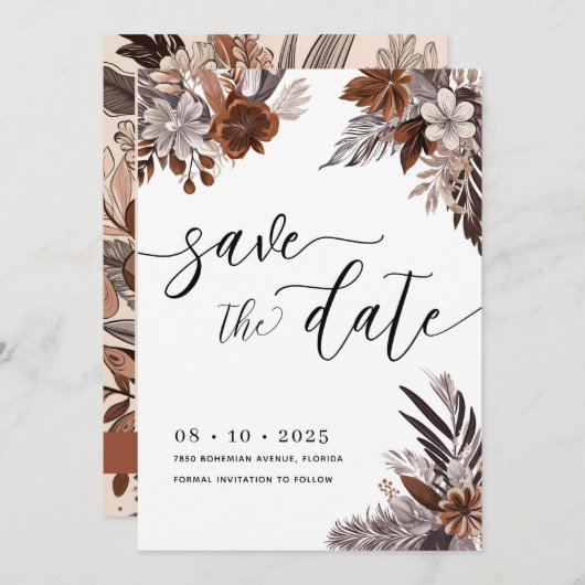 Boho Floral Pampas Save the Date Einladung (Vorne/Hinten)