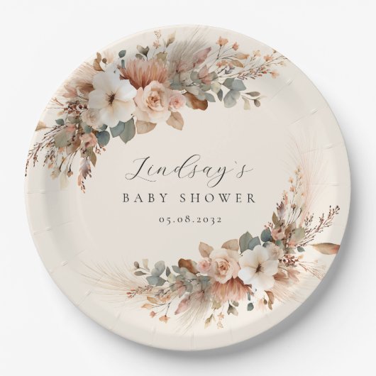 Boho-Floral-Pampasgras-Baby-Shower Pappteller (Vorderseite)