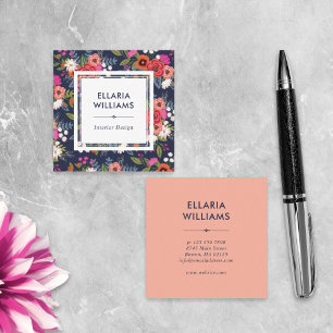 Boho Floral Pattern - Coral & Navy Blue Quadratische Visitenkarte