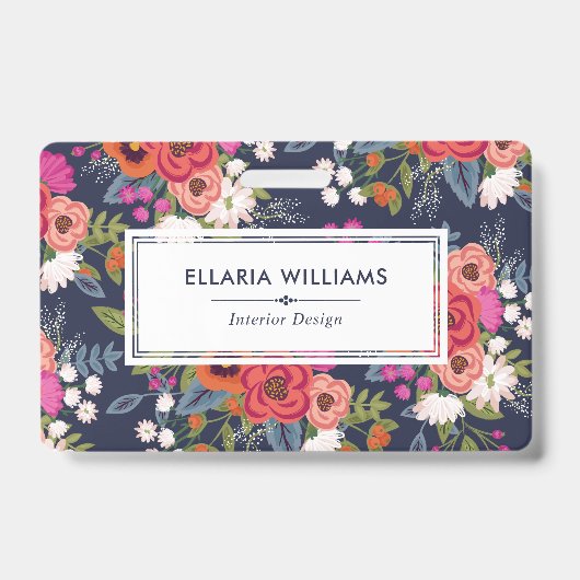 Boho Floral Pattern - Navy Blue & Coral - Name Ausweis (Vorderseite)