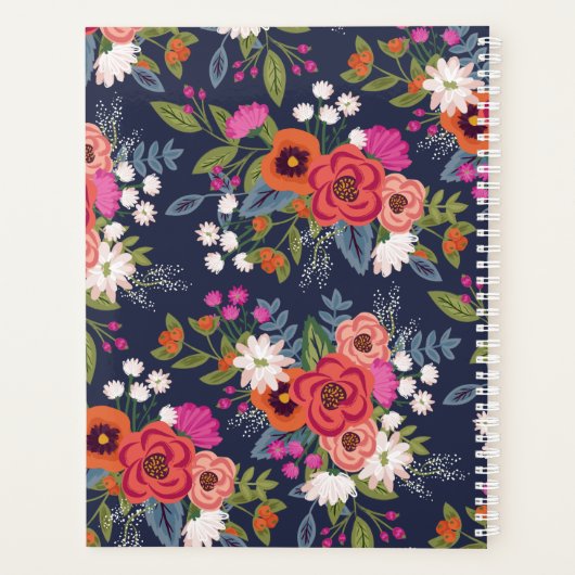 Boho Floral Pattern - Navy Blue & Coral - Name Planer (Rückseite)