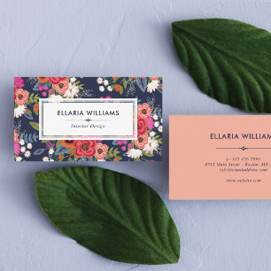 Boho Floral Pattern - Navy Blue & Coral Visitenkarte